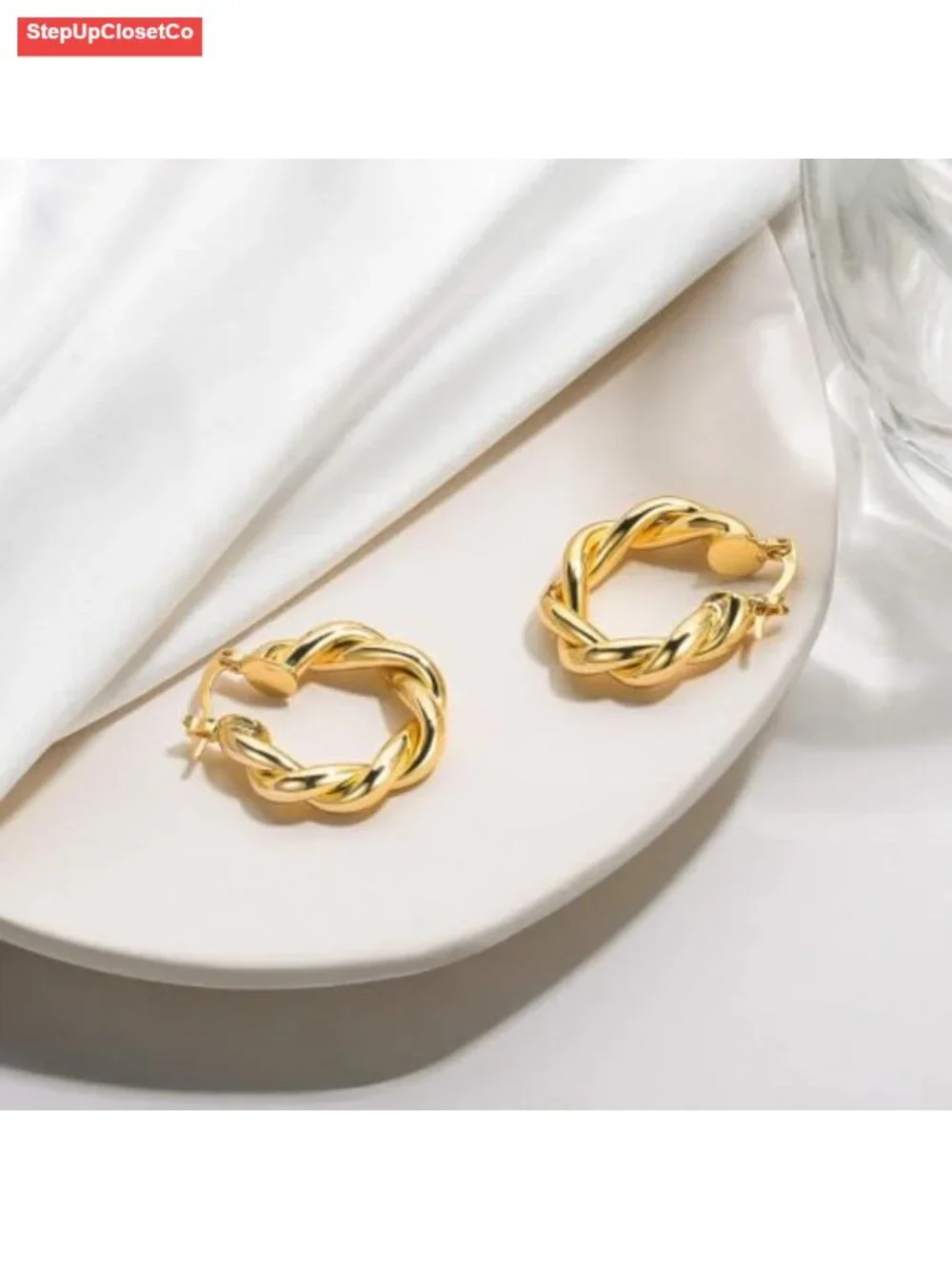 18K Gold Plated Chunky Twisted Hoop Earrings Hypoallergenic